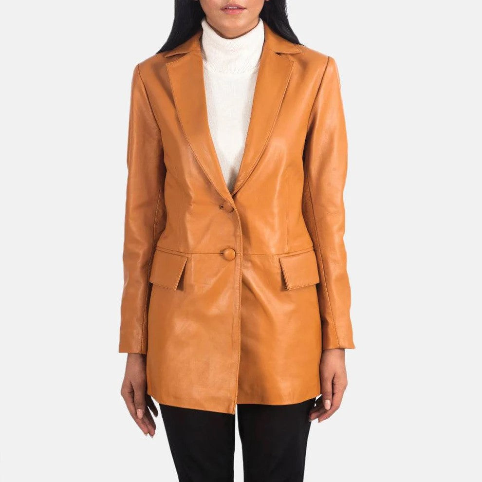 Tan Brown Leather Blazer Women