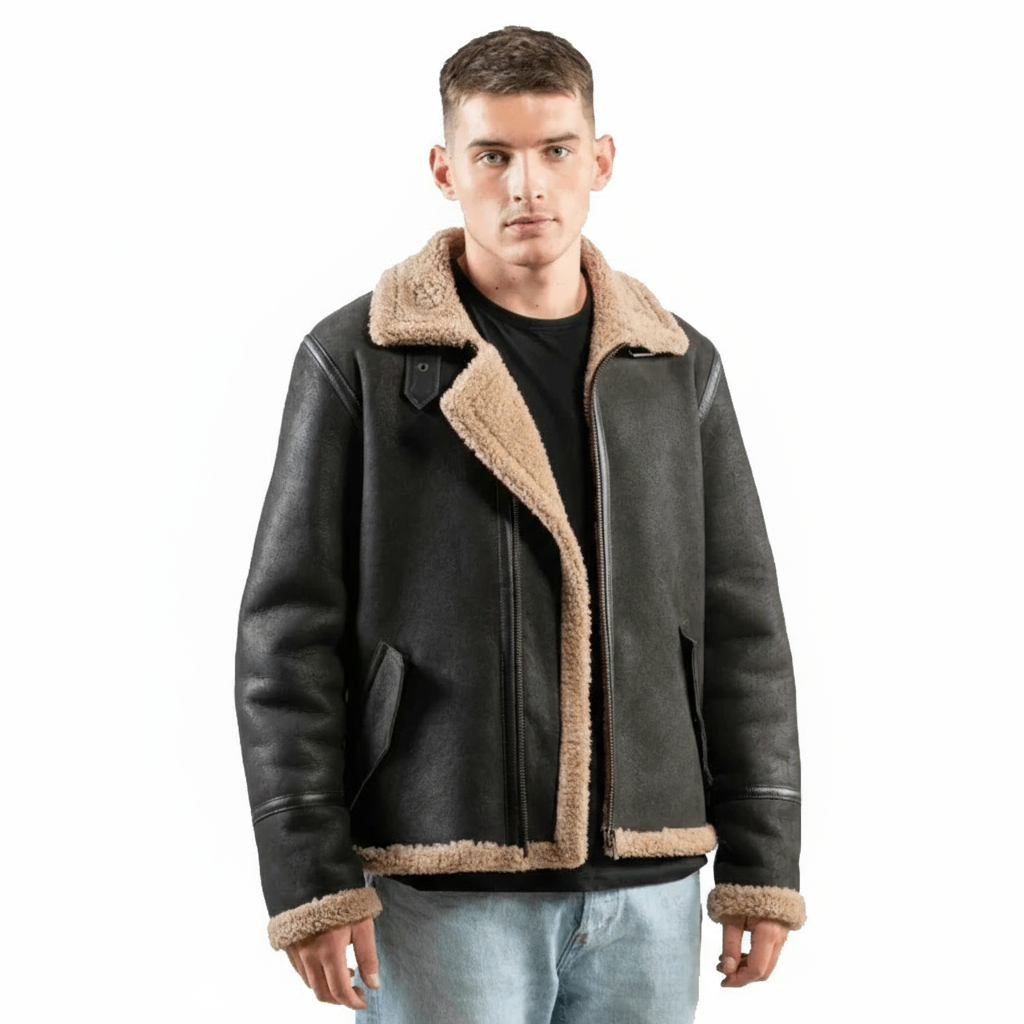 Classic Dark Brown Leather Shearing Aviator Jacket