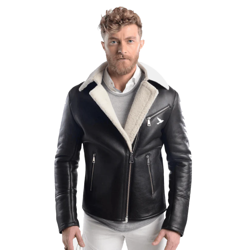 Stylish Black Leather Shearing Aviator Jacket