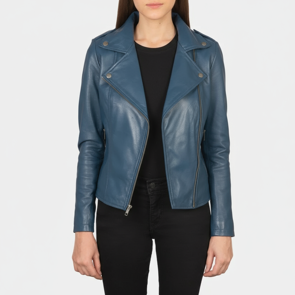 Blue Leather Biker Jacket