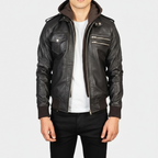 Black Hooded Leather Jacket With Red Stripes