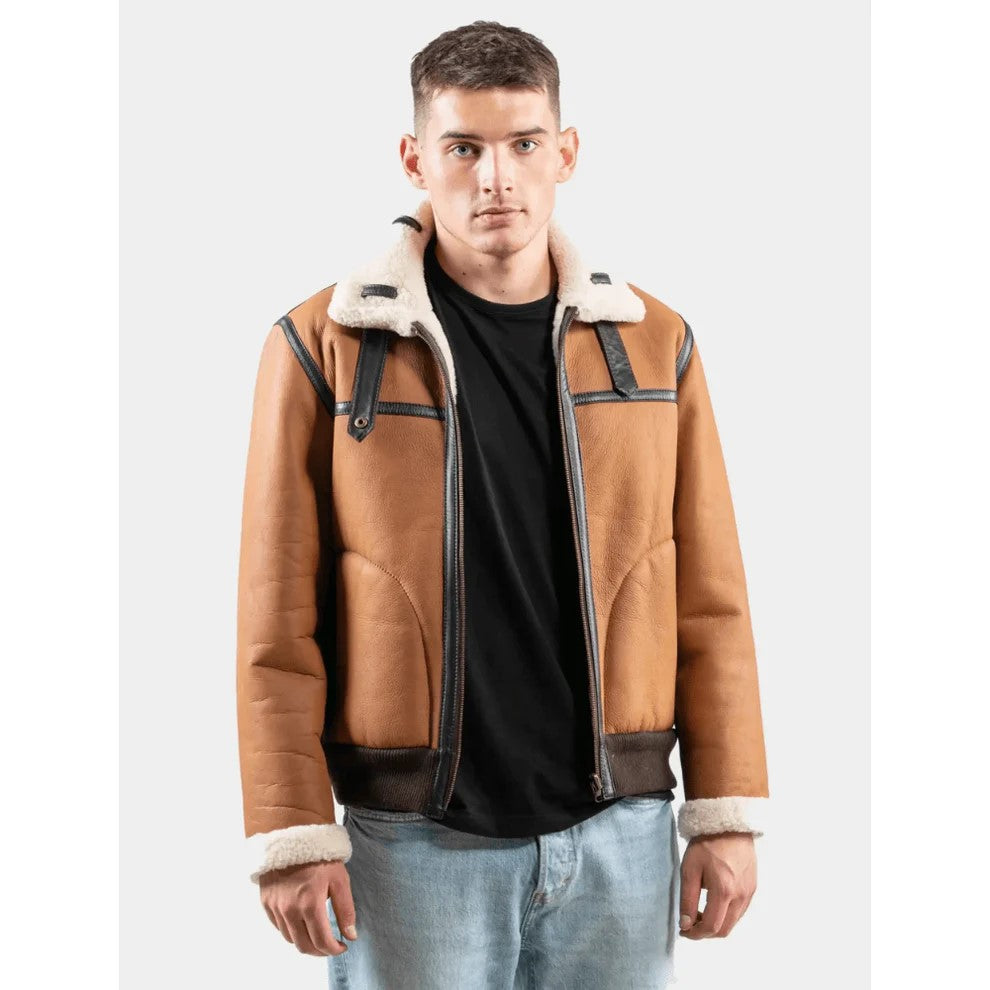 Classic Tan Brown Leather Shearling Aviator Jacket