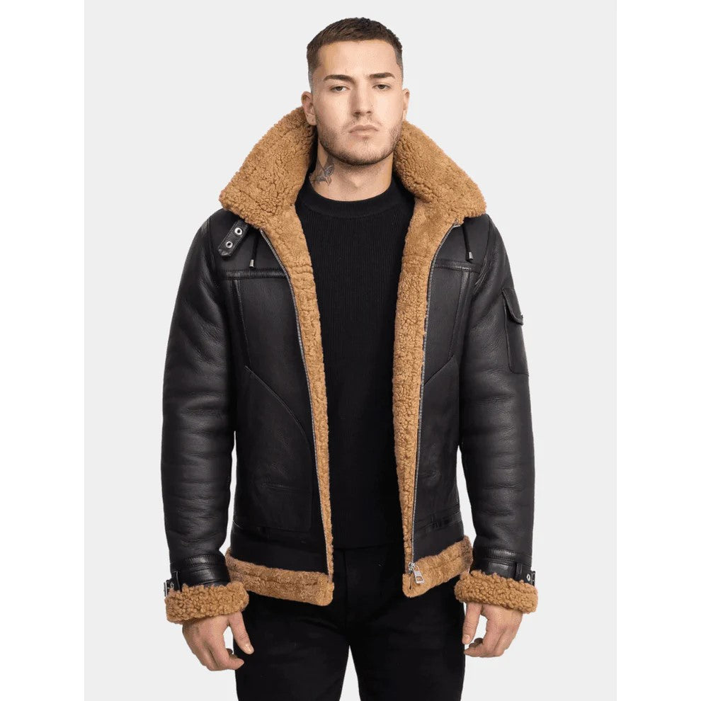 Classy Brown Leather Shearling Hooded Aviator Jacket