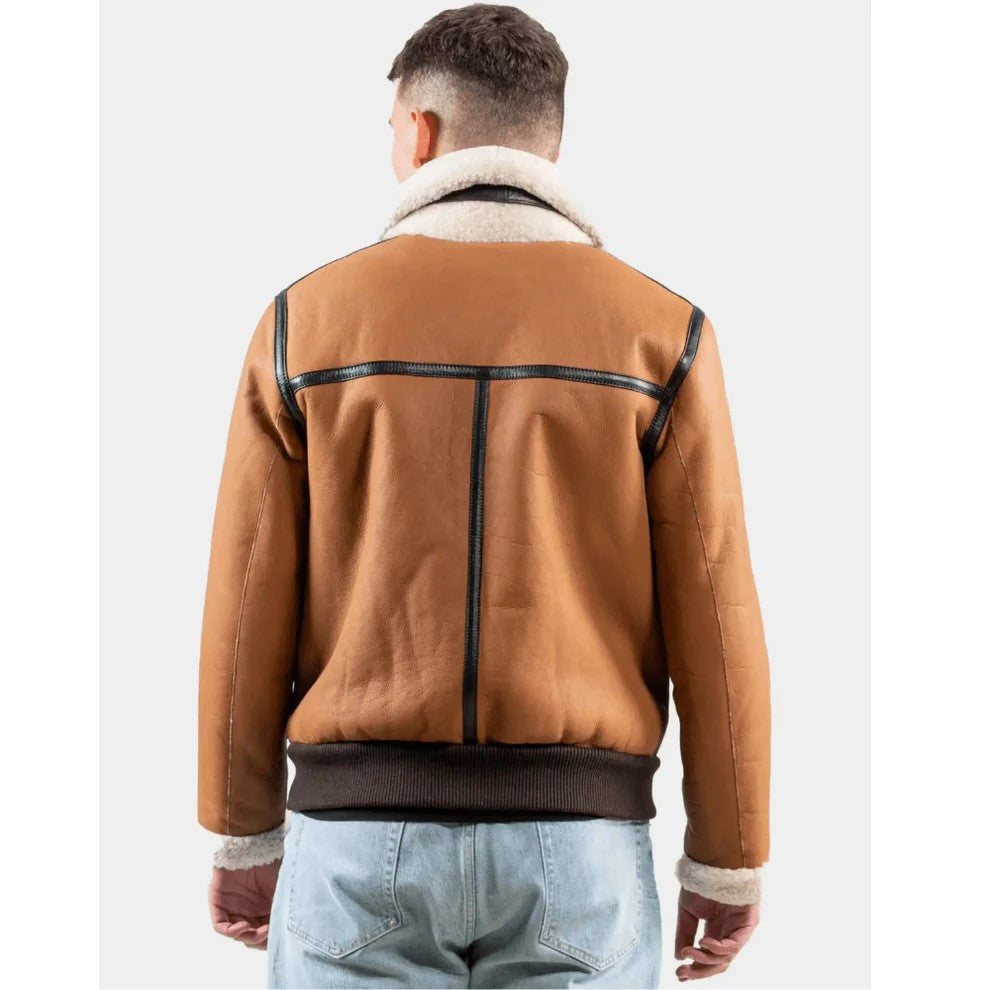Classic Tan Brown Leather Shearling Aviator Jacket