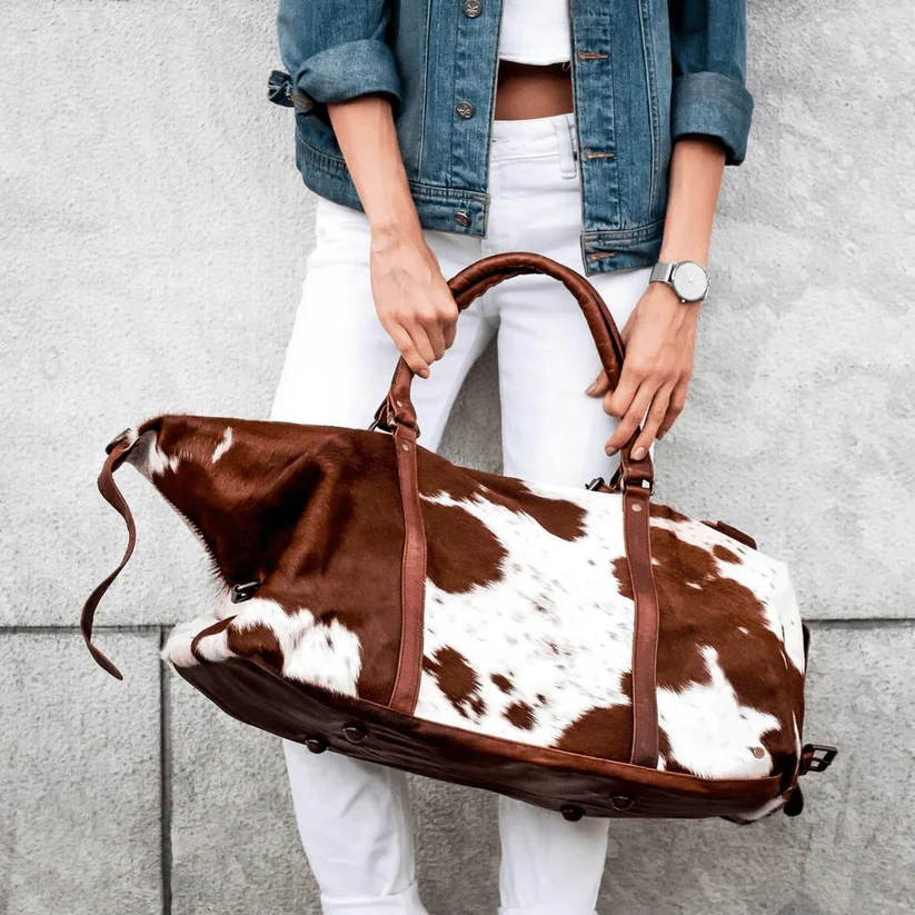 Brown and White Cowhide Leather baffle Bag