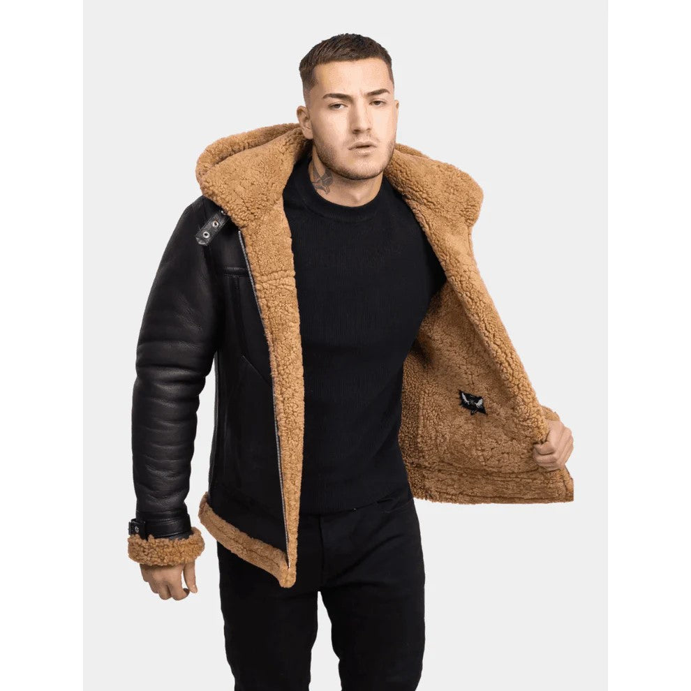 Classy Brown Leather Shearling Hooded Aviator Jacket