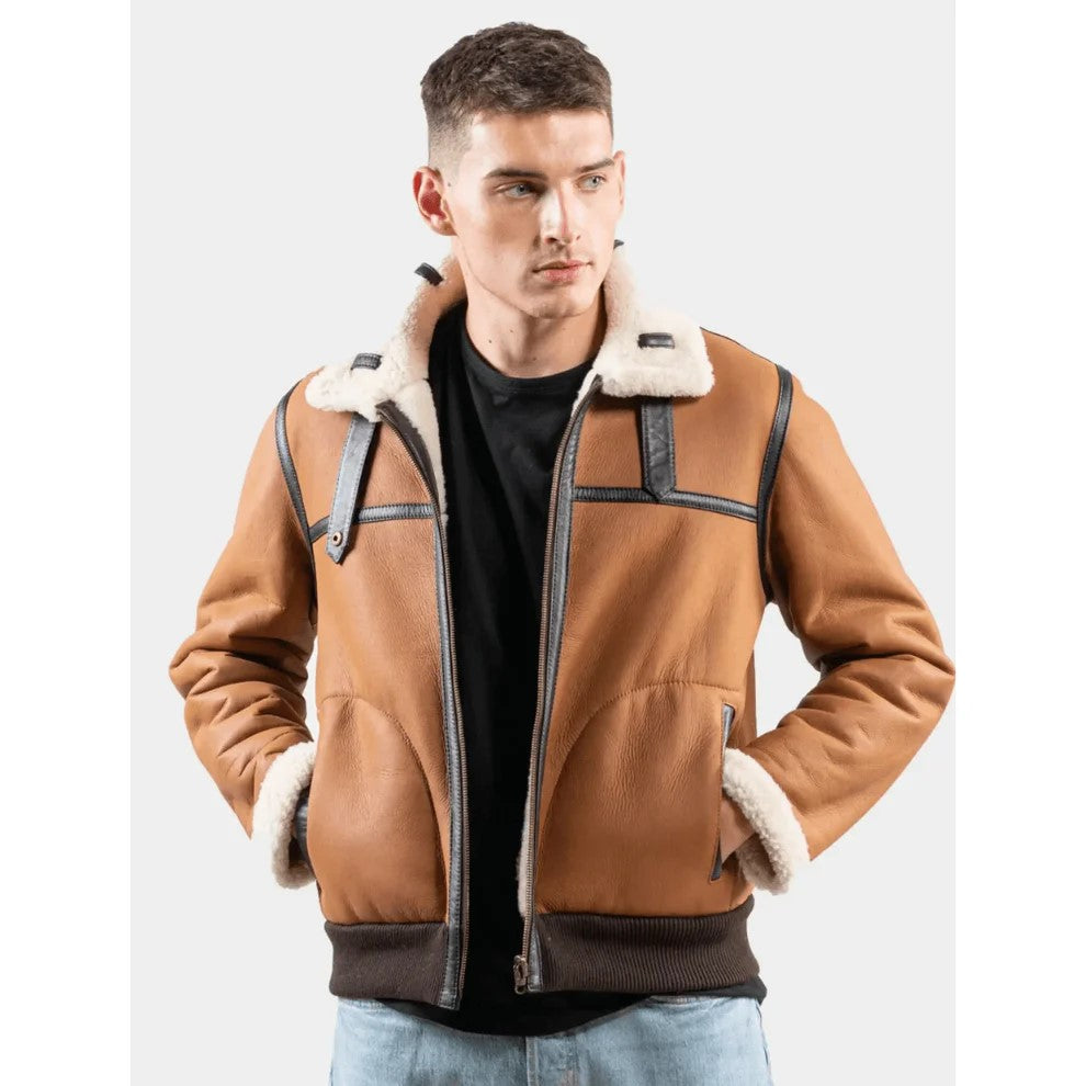 Classic Tan Brown Leather Shearling Aviator Jacket