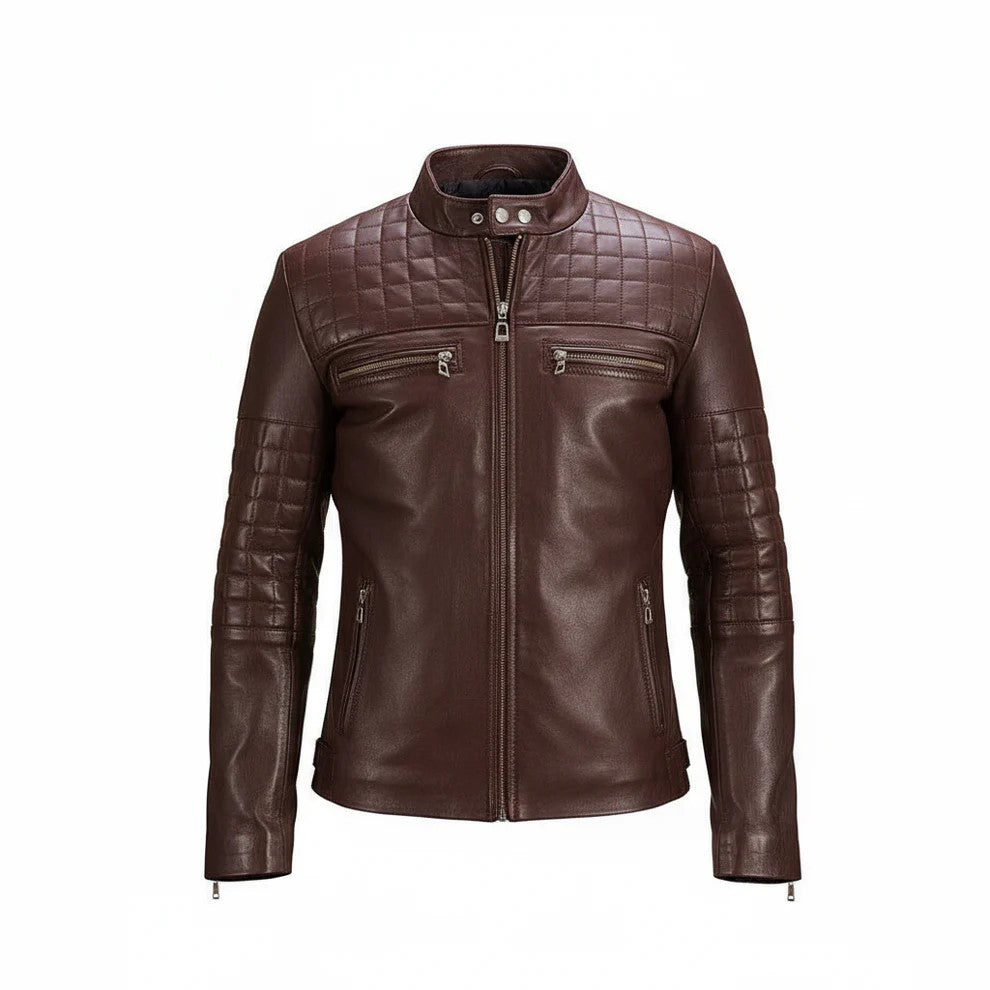 Urbane Quilted Maroon Leather Biker Jacket